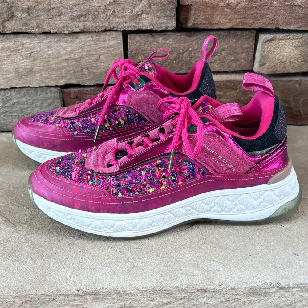 Kurt Geiger sz 8 London Kensington sneakers in pink multi color tweed & leather